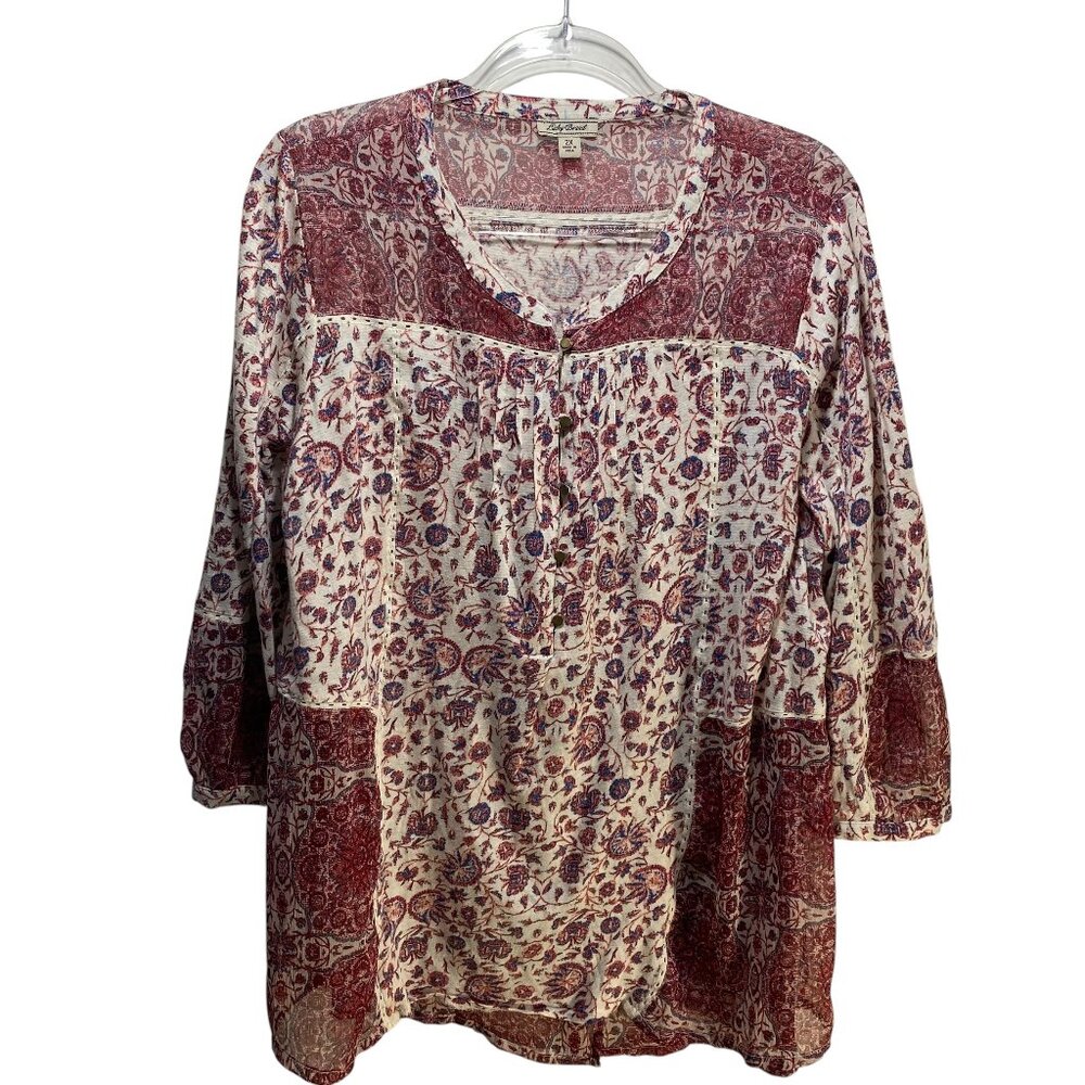 Lucky Brand Tunic Top Blouse Womens 2X Pink Mauve Boho Peasant Gauzy Cottagecore
